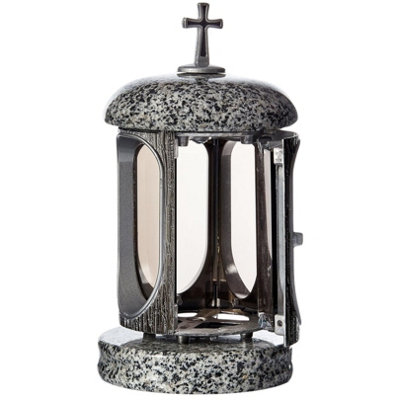 Novecrafto Round Granite Memorial Lantern H 22Cm Large Grey With Silver Graveside Candle Lantern With Cross For Cemetery & Remembrance Gift from B&Q