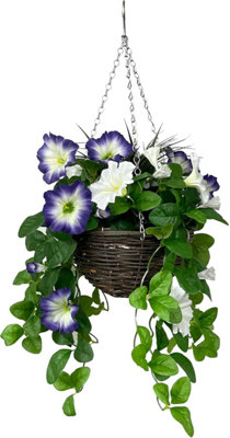 GreenBrokers Artificial Purple & White Petunia Round Rattan Hanging Basket (25Cm) from B&Q