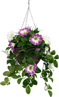 Greenbrokers Artificial Pink & White Petunia Round Rattan Hanging Basket (25Cm) from B&Q