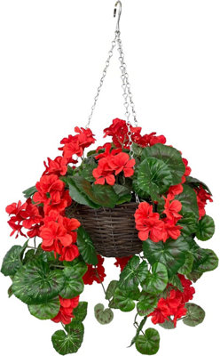 Greenbrokers Red Artificial Geranium Rattan Hanging Basket With Vine (25Cm) 25Cm