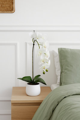 Greenbrokers Elegant Large Single Stem Real Touch Artificial Potted Orchid (65Cm) In Round Ceramic Pot White