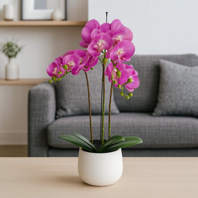 Greenbrokers Purple/White Elegant Triple Stem Real Touch Artificial Potted Orchid (65Cm) In Round Ceramic Pot Large