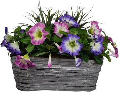GreenBrokers Artificial Pink & Purple Petunia Flowers & Grass In Rounded 40Cm Rectangle Grey Wash Willow BasketFaux SilkUv Protected