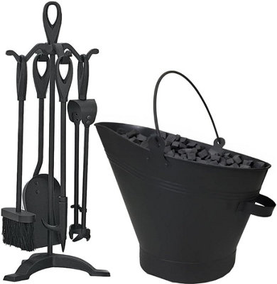B&Q -  Black Waterloo Bucket Coal Log Fire Ash Scuttle Hod Fireside With 5 Piece Cast Iron Loop Design Companion Set