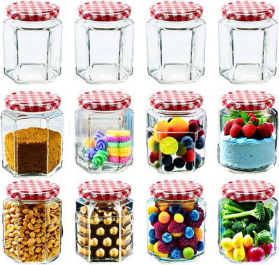 B&Q -  Set Of 12 Hexagonal Storage Glass Jars280MlFeaturing Red Gingham Lid & Labels. Clear Airtight Jars