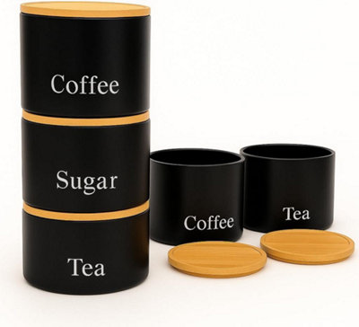 B&Q -  Set Of 3 TeaCoffeeSugar Stackable Airtight Canisters Black Storage Jars With Bamboo Lids Easy To OpenLabelled Containers - Image 3