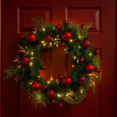 Trendi 40Cm Christmas Wreath With Led Lights Artificial Xmas Door Wreath For Front Door Wall Home Decor Holiday Garland With Red Baubles from B&Q