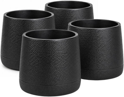B&Q -  Pack Of 4 Black Rattan Effect Planter Pots With Drainage Holes 30Cm Lightweight Plastic Plant Pots With Tray Indoor Outdoor