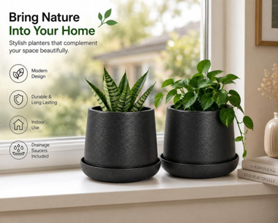 B&Q -  Pack Of 2 Black Rattan Effect Planter Pots With Drainage Holes 30Cm Lightweight Plastic Plant Pots With Tray Indoor Outdoor