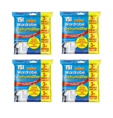 B&Q - 151 4 X Hanging Wardrobe Dehumidifier Bags Moisture Trap Crystals Pack Of 3 Damp Control