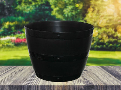 Whitefurze Large Black Barrel Planter Round Plastic Plant Pot 50Cm Patio Garden Flower Tub from B&Q