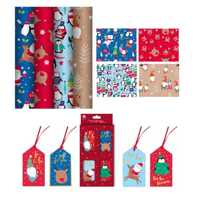 Shop4allsorts 4X 4M Cute Christmas Wrapping Paper Rolls Kids Xmas Gift Wrap Plus 16 Gift Tags