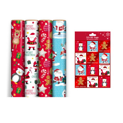 Shop4allsorts 4 Rolls Kids Christmas Wrapping Paper 7M Cute Santa Gift Wrap & 32 Matching Tags from B&Q