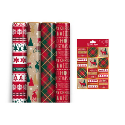 Shop4allsorts 4 Rolls Christmas Wrapping Paper 7M Tartan Kraft Gift Wrap & 32 Matching Tags from B&Q