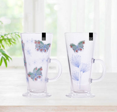 B&Q -  2 Butterfly Latte Glasses Tall Coffee Mug Hot Chocolate Mocha Drinks Glass 300Ml