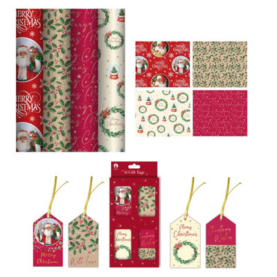 Tallon 4 X 7M Traditional Christmas Wrapping Paper Rolls Xmas Gift Wrap & 16 Gift Tags