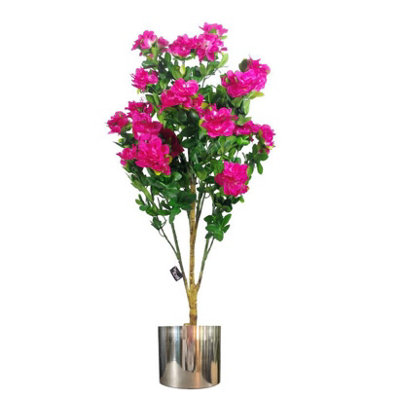 Leaf Artificial 100Cm Realistic Artificial Azalea Pink Flowers Potted Plant With Silver Metal Planter from B&Q