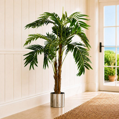 Leaf Artificial Palm Tree 120cm - Green - Premium Quality - Includes Silver Metal Planter - Image 6