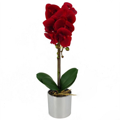 Leaf Red/Silver Artificial Orchid Pot 46Cm