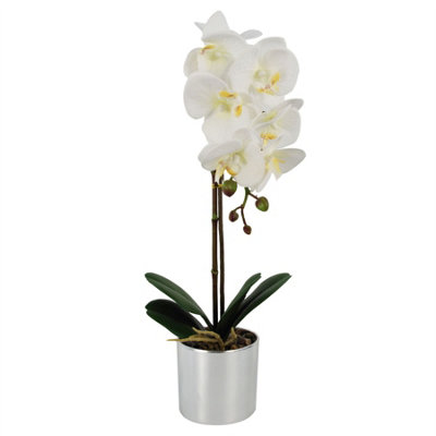 Leaf White/Silver Artificial Orchid Pot 46Cm