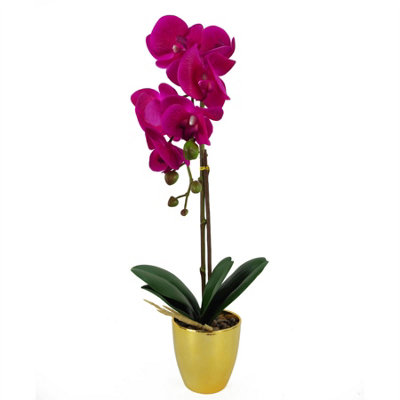 Leaf Artificial Orchid Dark Pink Silver 46cm - Real Touch Flowers - Potted Plant - Image 9