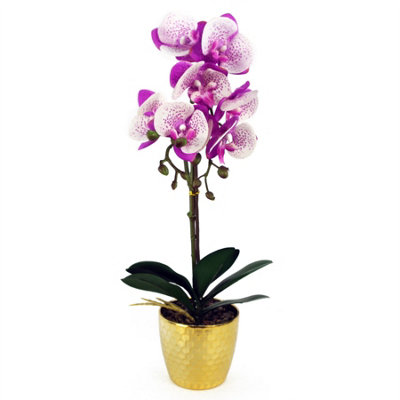 Leaf 50Cm Phalaenopsis Orchid ArtificialPurple / WhiteGold Pot