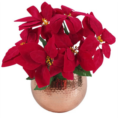 B&Q -  Artificial Christmas Xmas Red Poinsettia 40Cm Copper Hammered Metal Planter