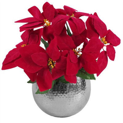 B&Q -  Artificial Christmas Xmas Red Poinsettia 40Cm Silver Curved Metal Planter