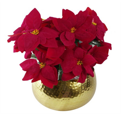 B&Q -  Artificial Christmas Xmas Poinsettias Gold Curve Large Metal Planter