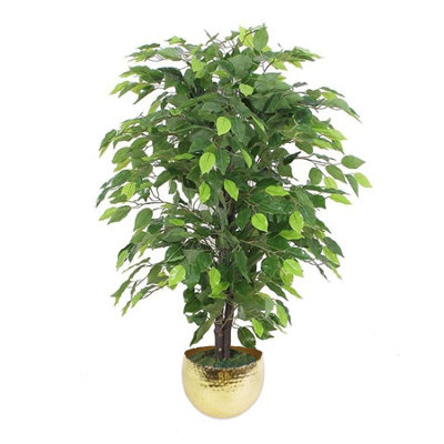 Leaf Ficus Artificial Tree 3ft Green Gold Metal Planter - Image 7