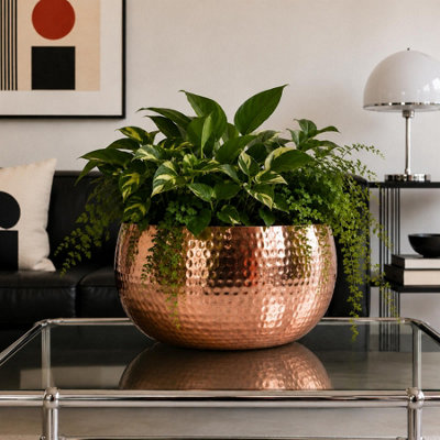 Leaf Large Metal Planter Bowl 32 X 20Cm Hammered Copper Colour - Straight Edge