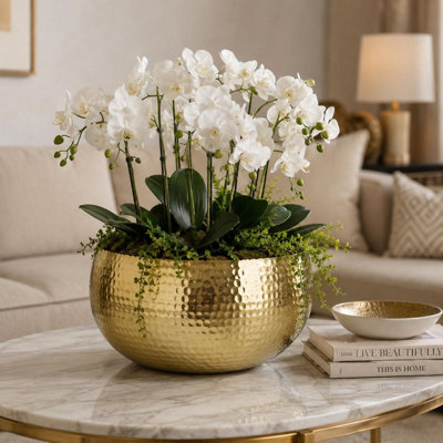 B&Q -  Large Metal Planter Bowl 32 X 20Cm Hammered Gold ColourCurvy Edge