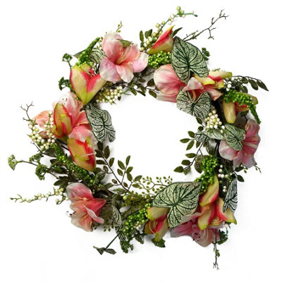 Leaf Design Artificial Blossom Wreath,60cm Pink Lily Wreath - Image 8