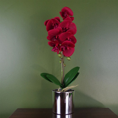 Leaf Red/Silver Artificial Orchid With Pot 46Cm