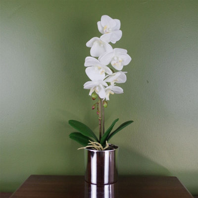 Leaf 46Cm Artificial Orchid With Pot White/Silver