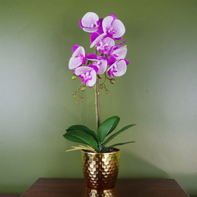 Leaf 50Cm Phalaenopsis Orchid Artificial - / - Pot Purple/White/Gold