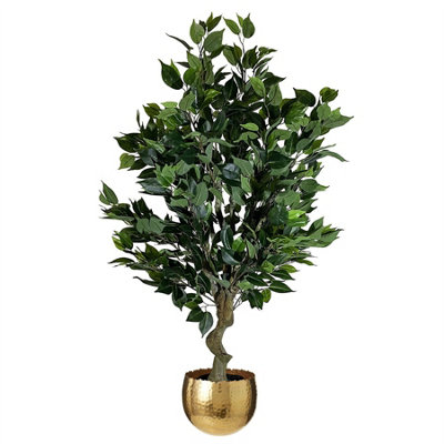 Leaf Artificial 100Cm Realistic Artificial Ficus Tree / Plant Bush Ficus Curve Planter Gold
