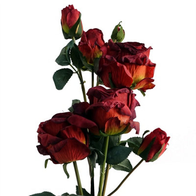 Leaf Red Rose Artificial Flowers Spray - 4 Flowers 3 Buds 60Cm