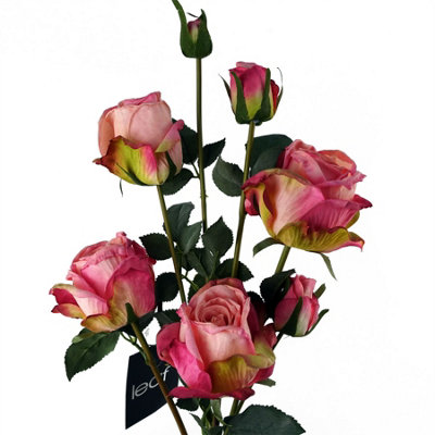Leaf Pink Rose Artificial Flowers Spray - 4 Flowers 3 Buds 60Cm