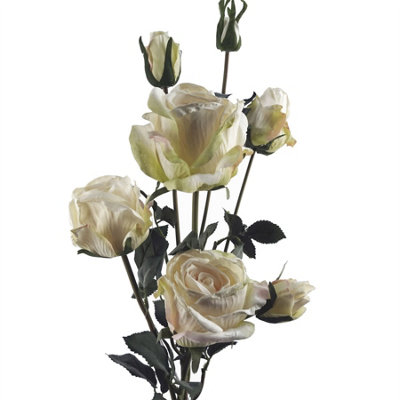 Leaf Cream Rose Artificial Flowers Spray - 4 Flowers 3 Buds 60Cm