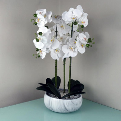 Leaf Unisex Green Artificial Orchid White Marble Effect Ceramic Planter In 60Cm - Image 6