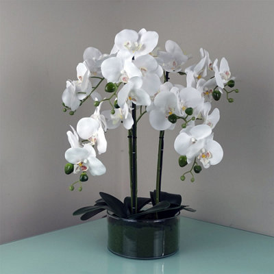 Leaf White Artificial Orchid With Glass Planter - 50Cm