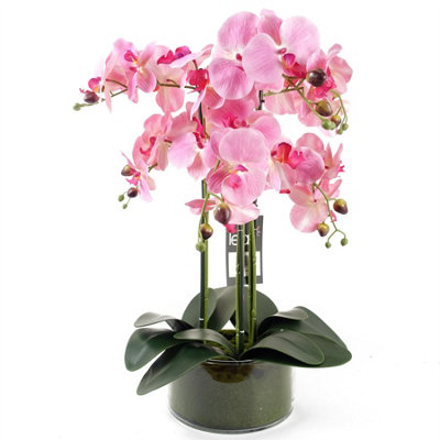 Leaf 50Cm Artificial Orchid With Glass Planter - Pink