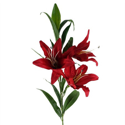 Leaf Artificial 100Cm Large Lily Stem - 3 Flowers Red