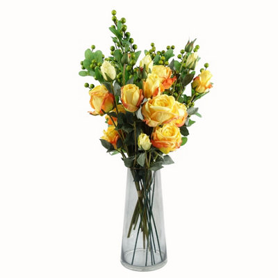 Leaf Yellow Rose Artificial Flowers Glass Vase 60Cm