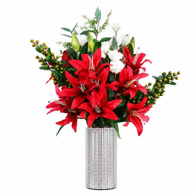 Artificial Red Lily Flower Arrangement with Silver Glass Vase Centrepiece 80cm - Image 8