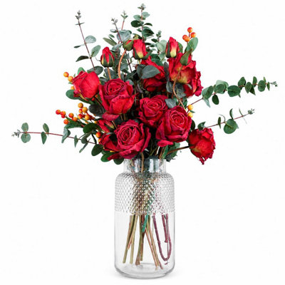 Leaf Red Rose and Eucalyptus Artificial Flower Bundle with Glass Diamond Vase 60cm - Image 9