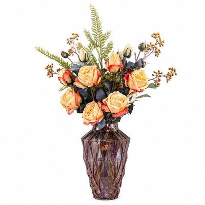 Leaf Yellow Rose Artificial Flower Bundle with Geometric Glass Vase 65cm 6 Pack - Image 7
