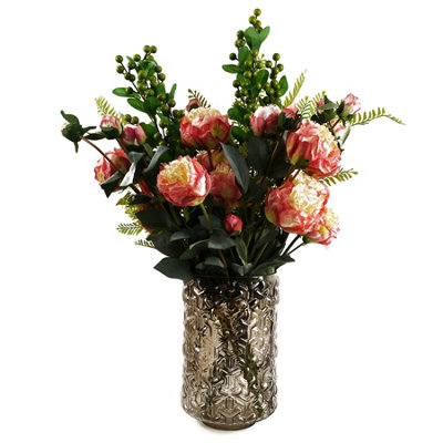 Leaf 70cm Pink Peony Artificial Flower Arrangement in Glass Vase - Image 9