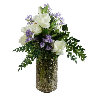Leaf 60Cm White Rose Purple Starflower Display Glass Vase from B&Q